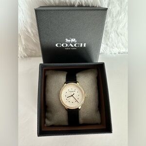 Coach Gold-Tone Watch with Black Leather Strap